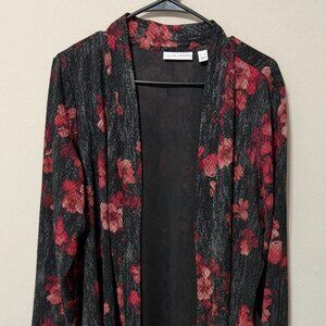 Women's Susan Graver Kimono Duster Cover Up Black Red Floral Print Size XL